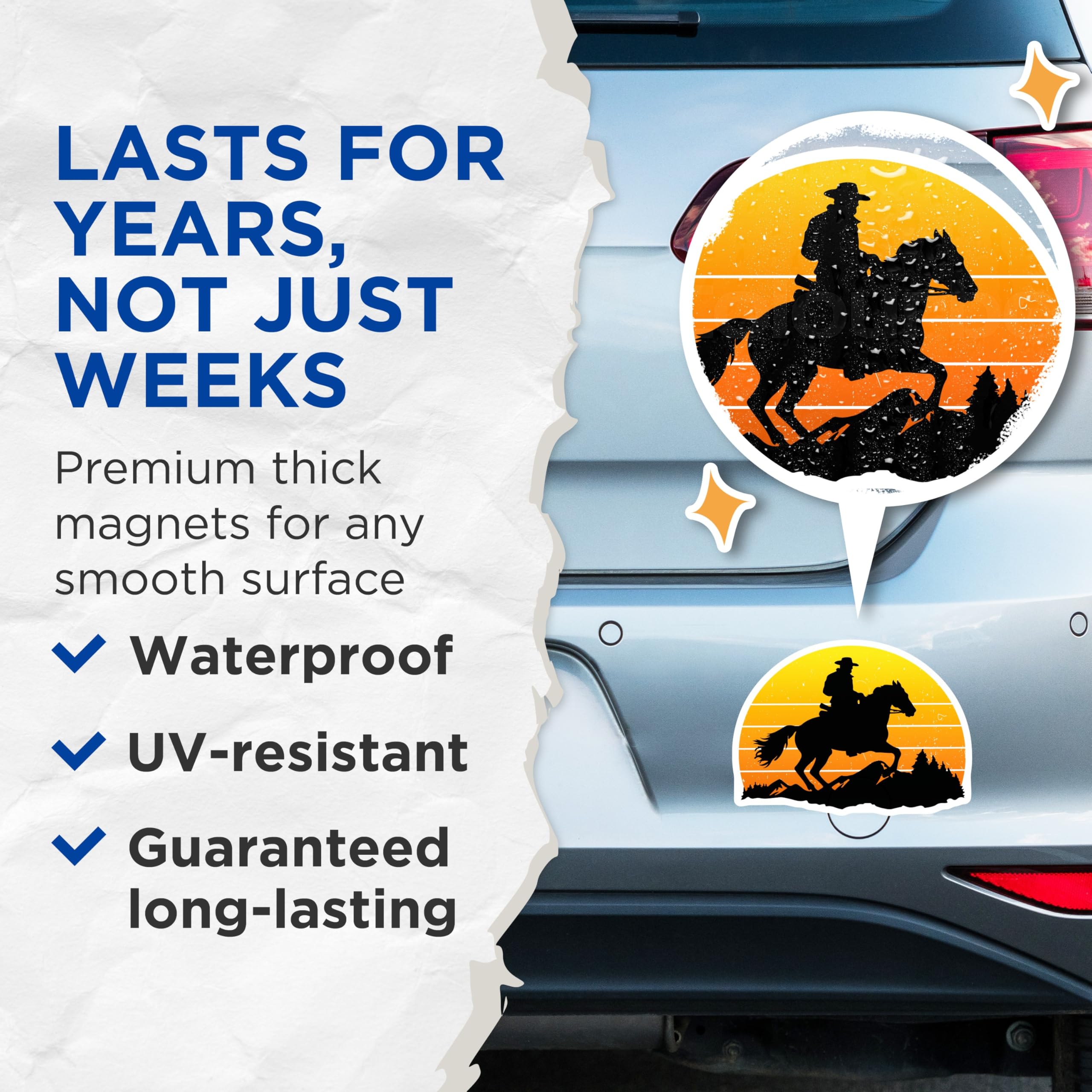 (2 Pack) Cowboy Horse Riding Magnets - Western Sunset Silhouette - Rustic Ranch Decor - Equestrian Style Art - 5 Inches On Longest Side - Thick Durable Magnet - Made in USA - MAG21421