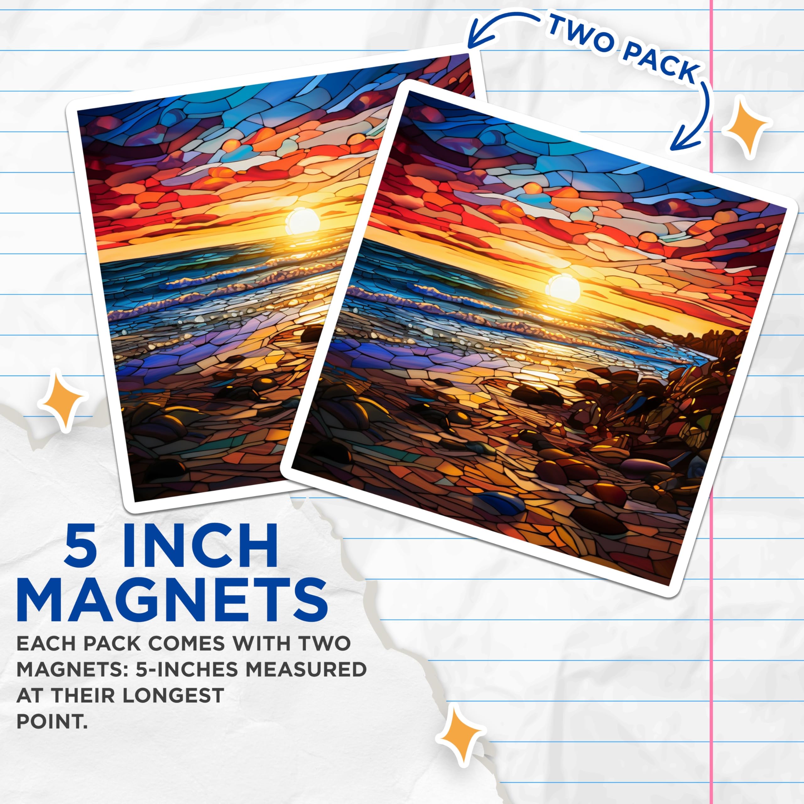 (2 Pack) Stained Glass Sunset Magnets - Vibrant Beach Ocean Waves - Coastal Landscape Art - Abstract Mosaic Decor - 5 Inches On Longest Side - Thick Durable Magnet - Made in USA - MAG24607