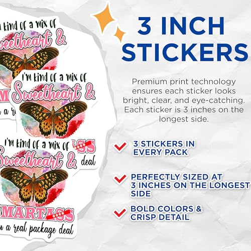 (3 Pack) Sweetheart Smart Decals - Sarcastic Sticker - Butterfly Laptop Decal - 3 Inches On Longest Side - Easy Peel & Apply - Made in USA - 3MCS4475