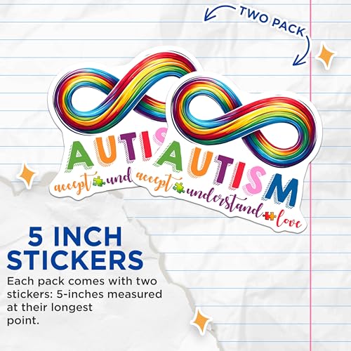 (2 Pack) Autism Awareness Stickers - Support Autism Spectrum Stickers - Accept Understand Love Stickers - 5" On Longest Side - Sticks to Any Smooth Flat Surface - Made in USA - BMCS3208