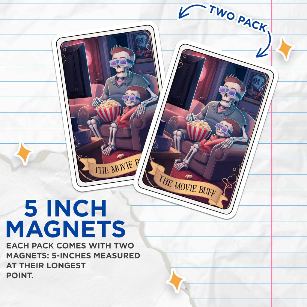(2 Pack) Skeleton Watching Movie Magnets - Popcorn Eating Skeleton Art - The Movie Buff Magnetic Poster Decal - 5" On Longest Side - for Cars, Fridges, Toolboxes - Made in USA - MAG4476
