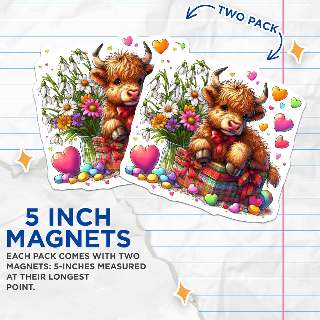 (2 Pack) Highland Cow Magnets - Cute Animal Magnets - Decorative Fridge Magnets - 5" On Longest Side - Premium Magnet - for Cars, Refrigerators, Toolboxes, Lockers - Made in USA - MAG15951
