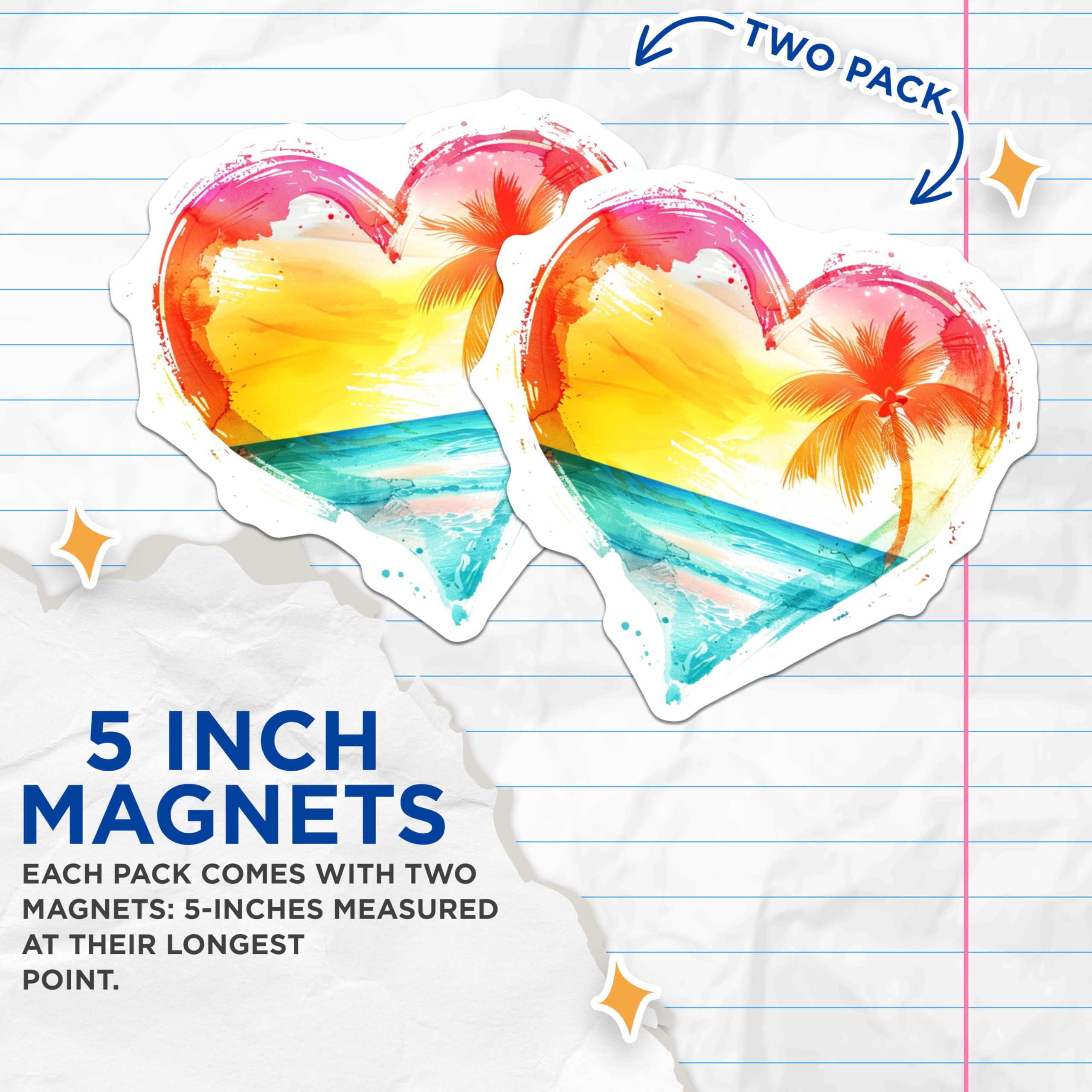(2 Pack) Tropical Heart Magnets - Beach Sunset Decor - Ocean Palm Tree Art - 5 Inches On Longest Side - Thick Durable Magnet - Made in USA - MAG25368