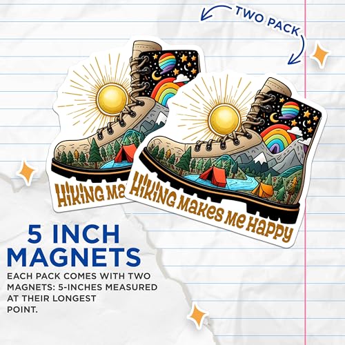(2 Pack) Hiking Makes Me Happy Magnets - Outdoor Lover Magnets - Adventure Enthusiast Magnets - 5" On Longest Side - for Cars, Refrigerators, Toolboxes, Lockers - Made in USA BMCS3261