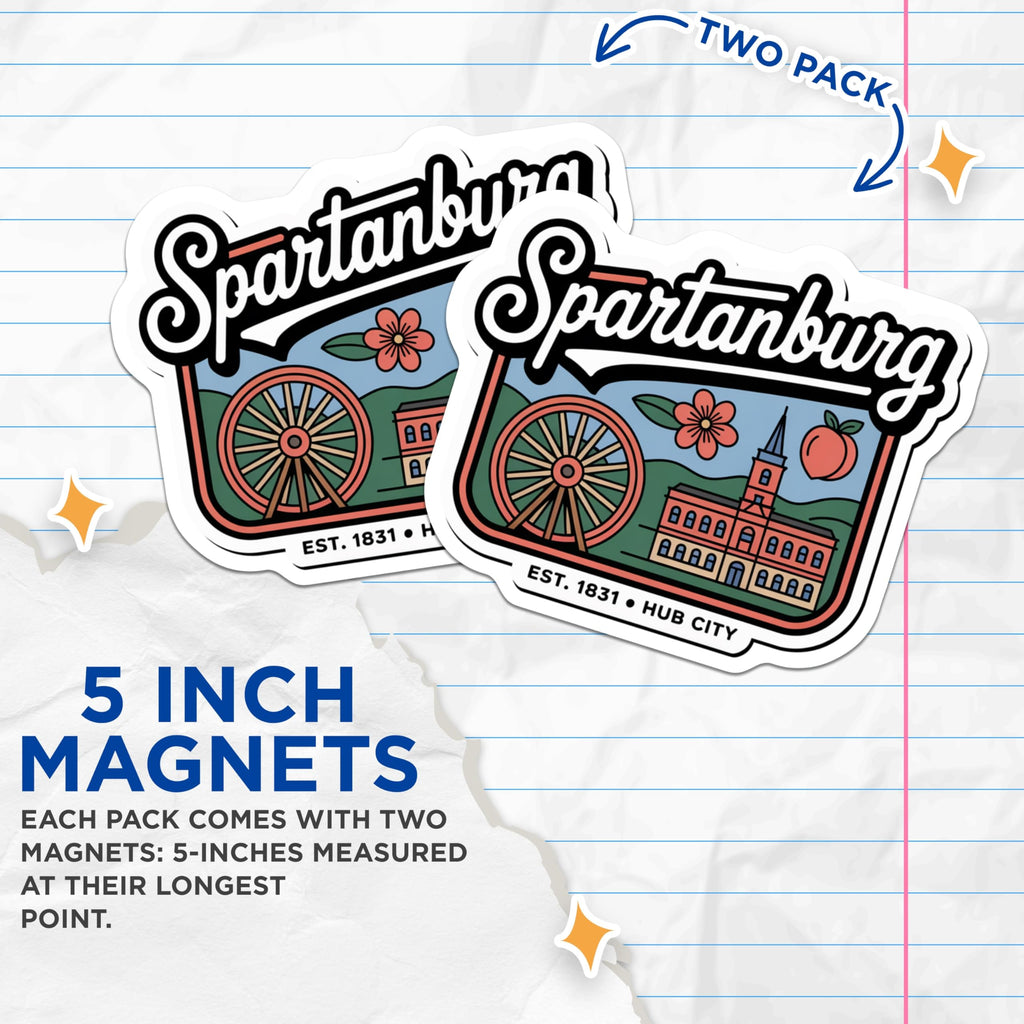 (2 Pack) Spartanburg South Carolina Magnets - SC Travel Souvenir - Hub City Fridge Magnets - 5" On Longest Side - Premium Magnet - for Cars, Refrigerators, Toolboxes, Lockers - Made in USA - MAG17147