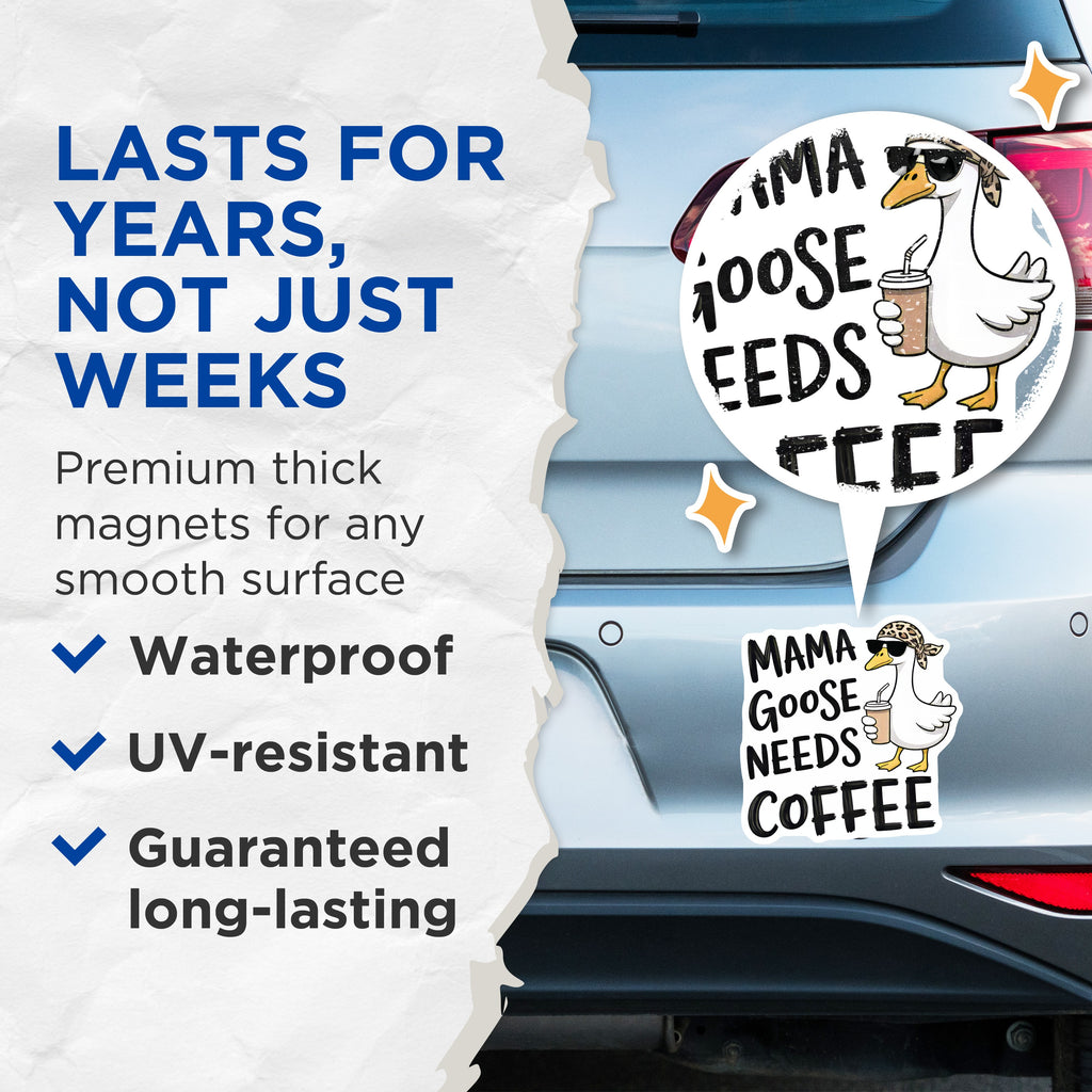 (2 Pack) Mama Goose Needs Coffee Magnets - Funny Mom Life Item - Caffeine Lover Fridge Decor - New Mother Humor Magnet - 5 Inches On Longest Side - Thick Durable Magnet - Made in USA - MAG39293