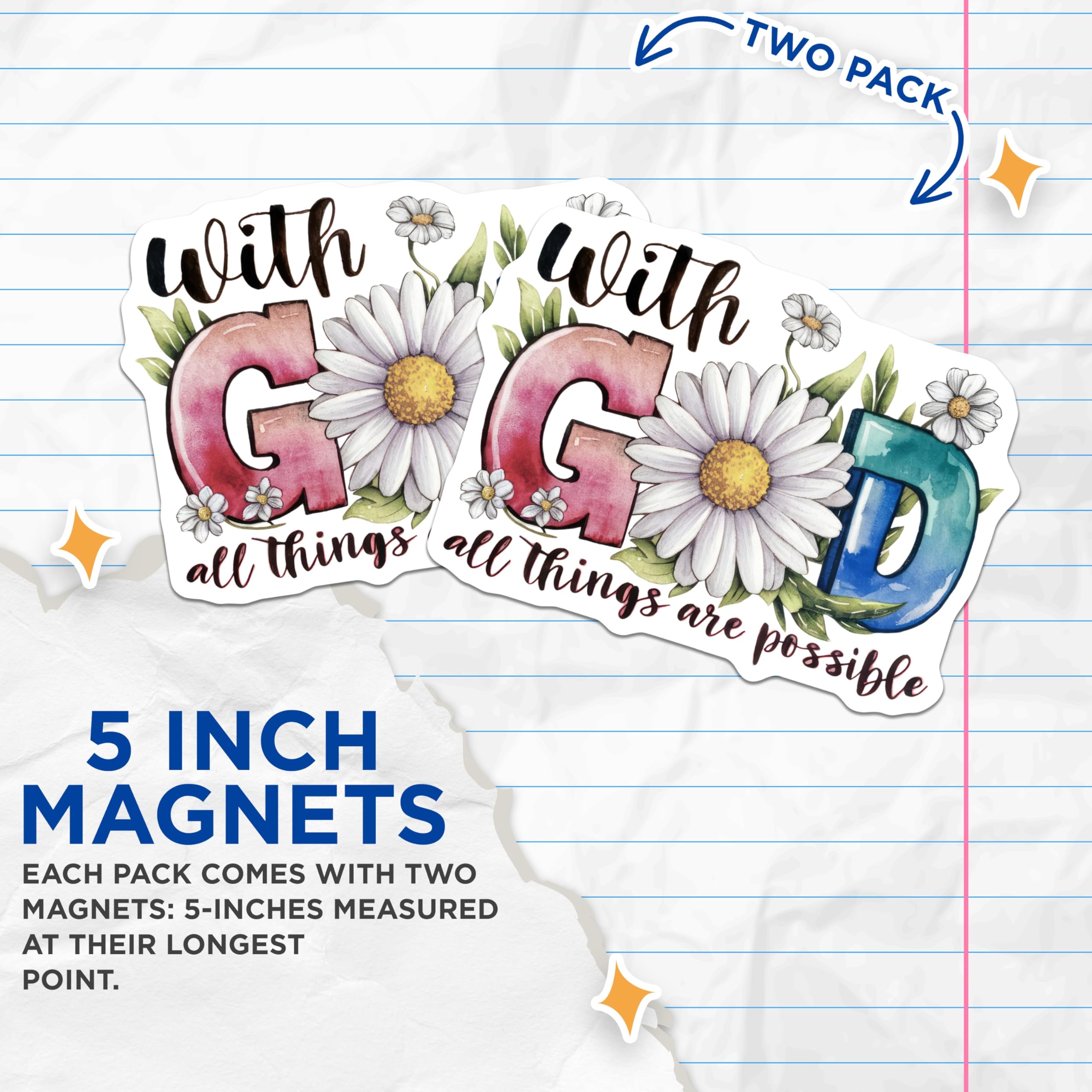 (2 Pack) with God All Things Possible Magnets - Religious Encouragement Decor - Uplifting Faith Accent - 5 Inches On Longest Side - Thick Durable Magnet - Made in USA - MAG25171