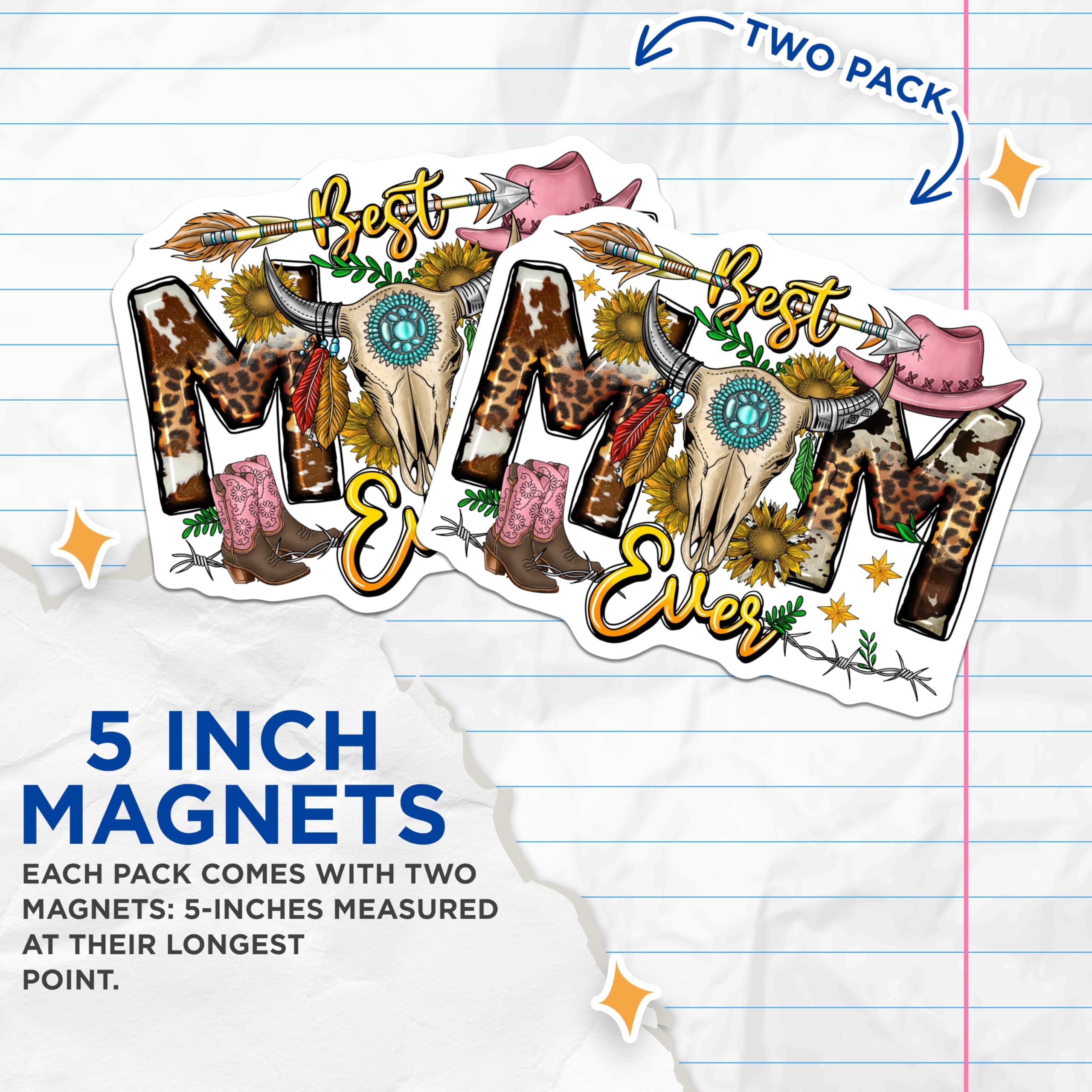 (2 Pack) Western Mom Magnets - Best Mom Ever - Cowgirl Sunflower Boho Bull Skull Decor - 5 Inches On Longest Side - Thick Durable Magnet - Made in USA - MAG29821