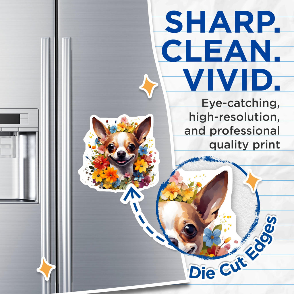(2 Pack) Smiling Chihuahua Magnets - Vibrant Floral Dog Art - Adorable Pet Lover Appliance Decor - Happy Dog Fridge Accessory - 5 Inches On Longest Side - Thick Durable Magnet - Made in USA - MAG23426