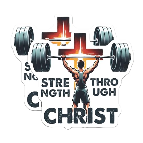 (2 Pack) Strength Through Christ Stickers - Fitness Motivation - Christian Inspirational Decal - 5" On Longest Side - Sticks to Smooth Flat Surfaces - Made in USA - BMCS9655