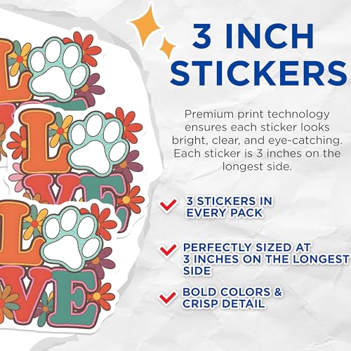 (3 Pack) Love Paw Print Decals - Retro Flower Decal - Pet Lover Gift- 3 Inches On Longest Side - Easy Peel & Apply - Made in USA - 3MCS5809