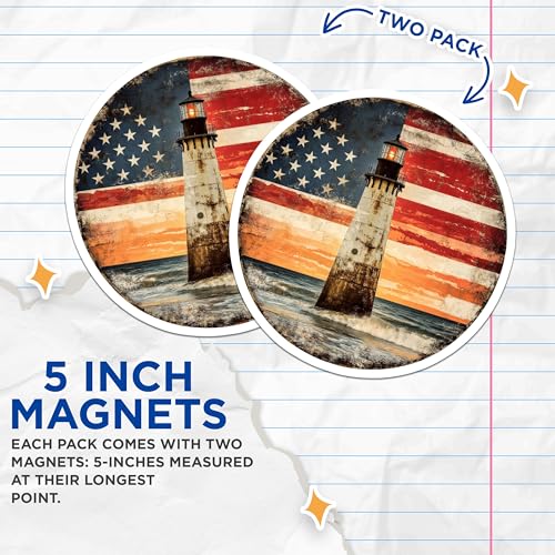 (2 Pack) Patriotic Lighthouse Decor Magnet - 5" On Longest Side - Sticks to Smooth Flat Surfaces - Made in USA - MAG10039