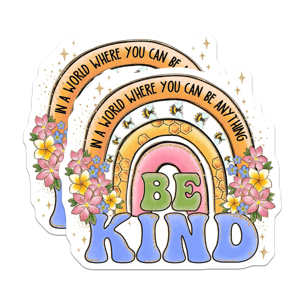 (2 Pack) Be Kind Stickers - Inspirational Kindness Stickers - Motivational Rainbow Stickers with Positive Quote - 5" On Longest Side - Sticks to Smooth Flat Surfaces - Made in USA - BMCS4164