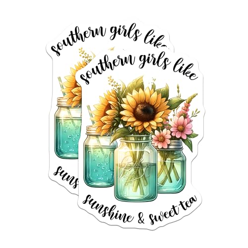 (2 Pack) Southern Girls Like Sunshine and Sweet Tea Stickers - Sunflower and Mason Jar - Southern Charm - 5" On Longest Side - Sticks to Smooth Flat Surfaces - Made in USA - BMCS8314