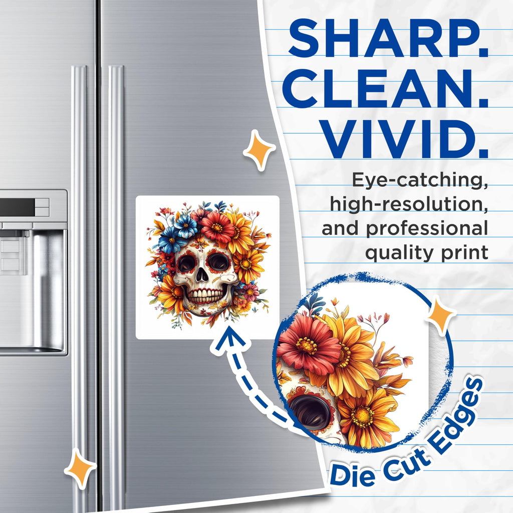 (2 Pack) Day of the Dead Sugar Skull Magnets - Floral Calavera Art - Mexican Folk Decor - 5 Inches On Longest Side - Thick Durable Magnet - Made in USA - MAG28537