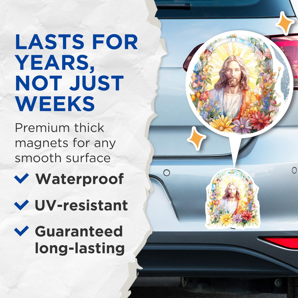 (2 Pack) Jesus Christ Magnets - Stained Glass Floral Art - Christian Spiritual Decor - Faith Home Inspiration - 5 Inches On Longest Side - Thick Durable Magnet - Made in USA - MAG24450