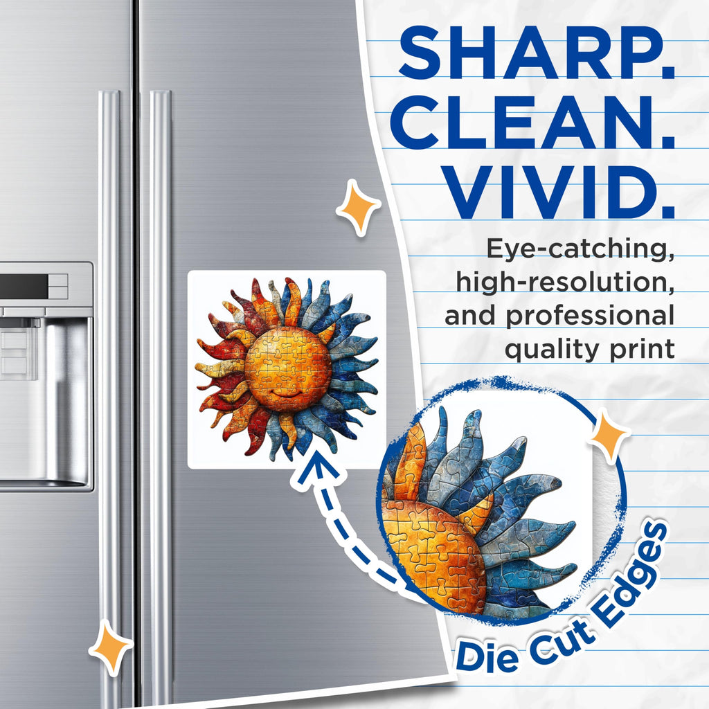(2 Pack) Puzzle Sun Magnets - Artistic Jigsaw Decor - Whimsical Refrigerator Ornament - 5 Inches On Longest Side - Thick Durable Magnet - Made in USA - MAG23817