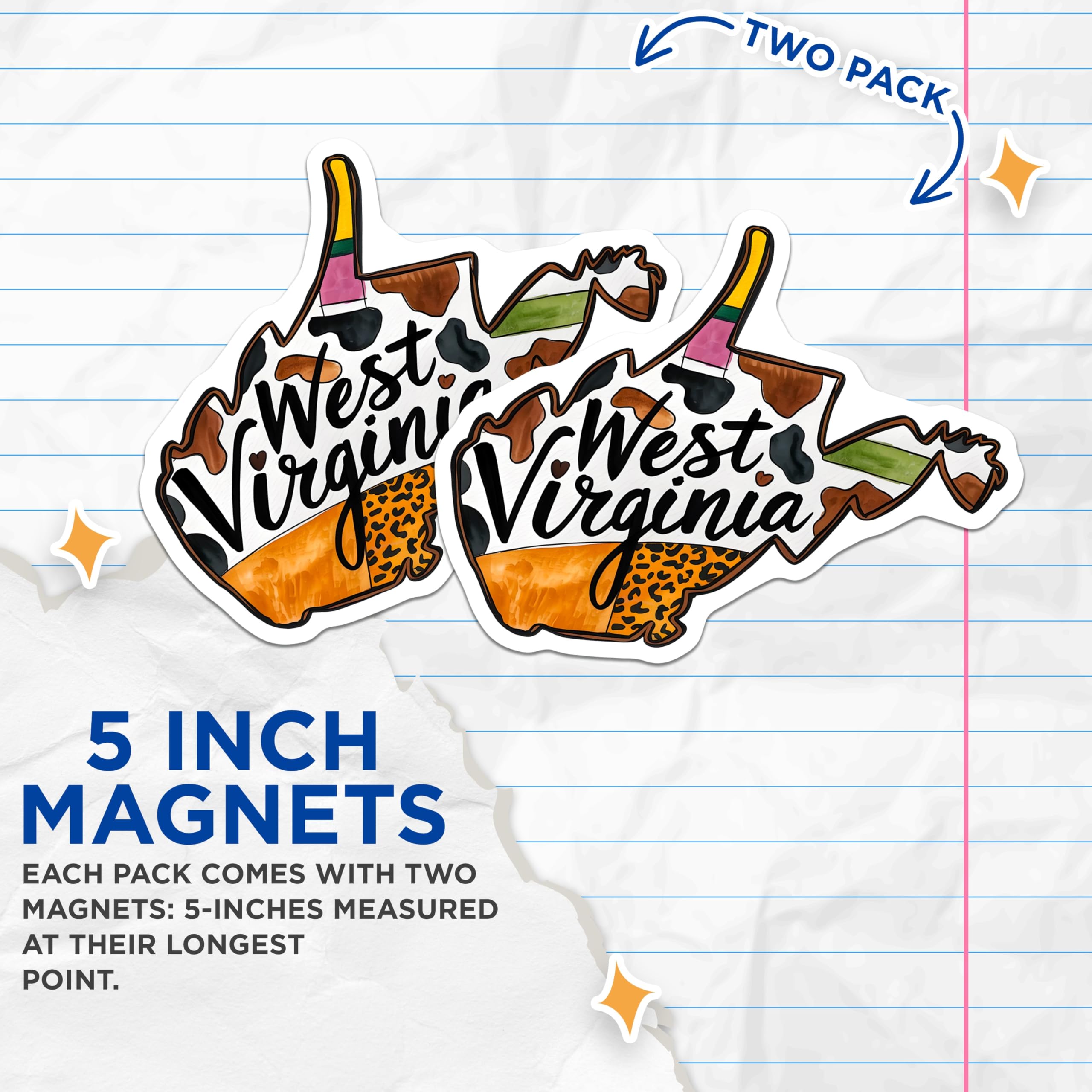 (2 Pack) West Virginia Magnets - WV State Outline Decor - Cow Print Leopard Aesthetic - Appalachian Home Fridge Magnet - 5 Inches On Longest Side - Thick Durable Magnet - Made in USA - MAG24846