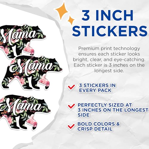 (3 Pack) Mama Bear Decals - Floral Bear Decal - Mom Decal - 3 Inches On Longest Side - Easy Peel & Apply - Made in USA - 3MCS1787