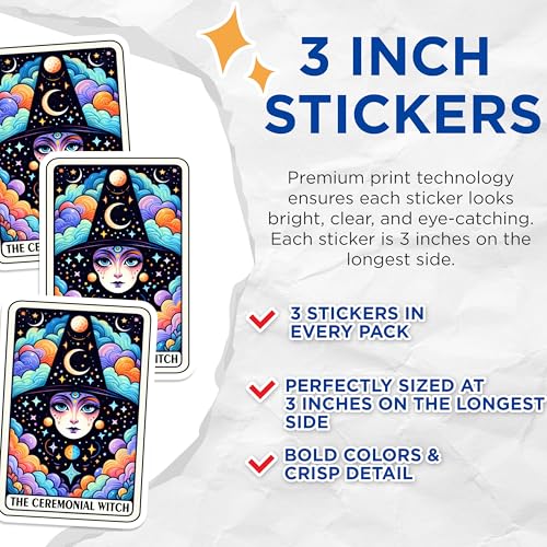 (3 Pack) Ceremonial Witch Decals - Tarot Card Art - Fantasy Laptop Decal - 3 Inches On Longest Side - Easy Peel & Apply - Made in USA - 3MCS4135