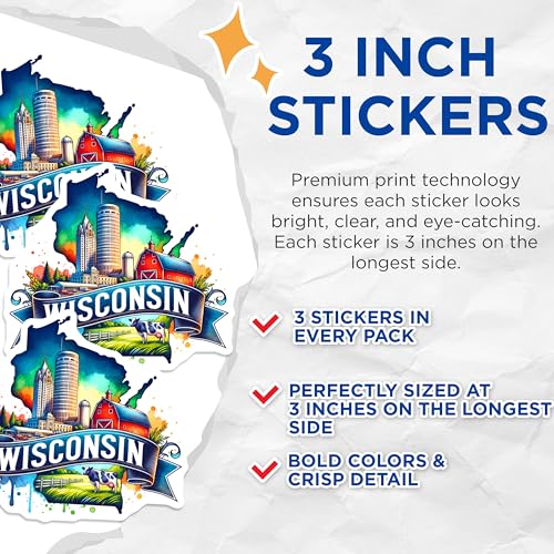 (3 Pack) Wisconsin State Decals - Wisconsin Home Decor - Laptop Decal- 3 Inches On Longest Side - Easy Peel & Apply - Made in USA - 3MCS5280