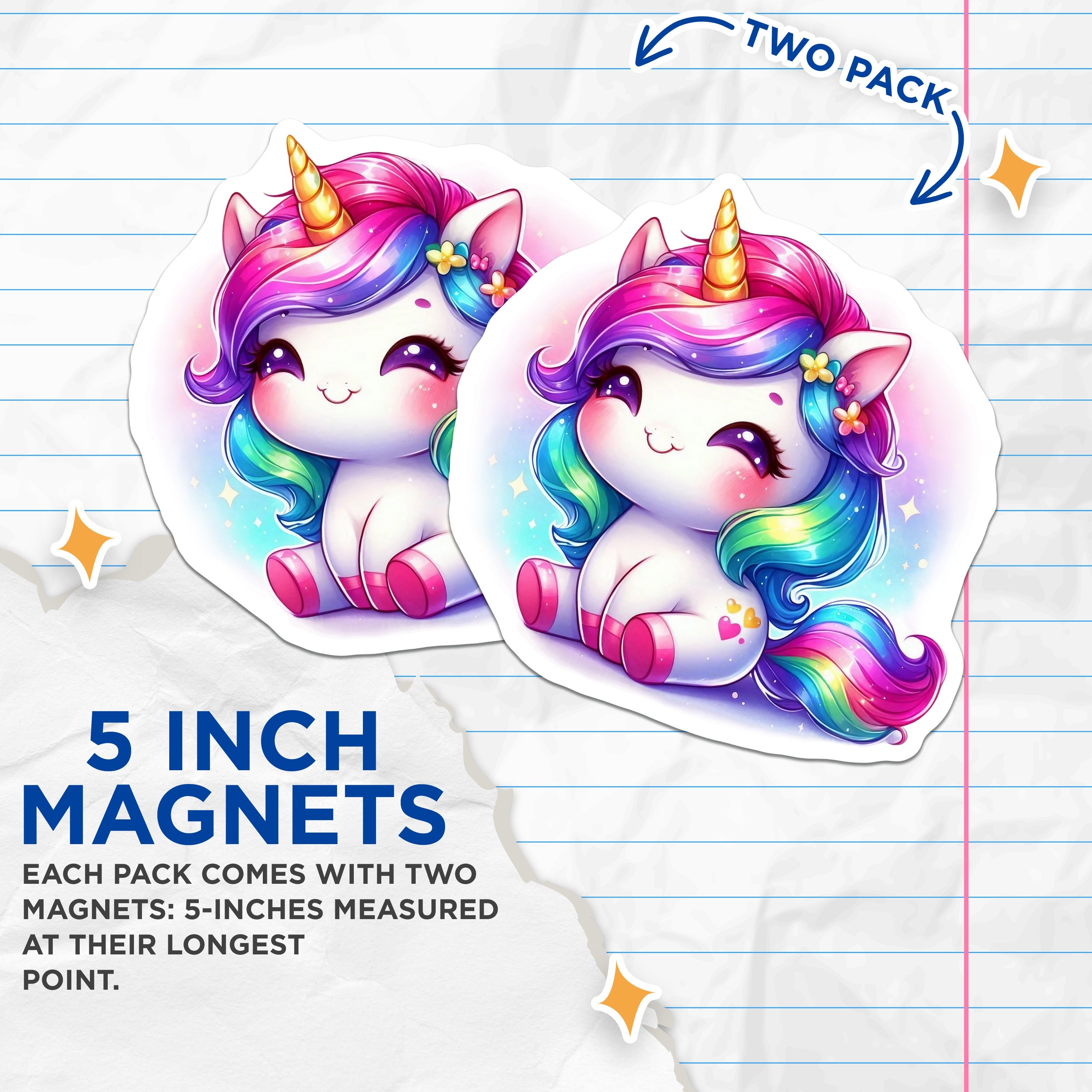 (2 Pack) Cute Unicorn Magnets - Rainbow Fantasy Fridge Decor - Magical Creature Art for Kids - 5 Inches On Longest Side - Thick Durable Magnet - Made in USA - MAG38667