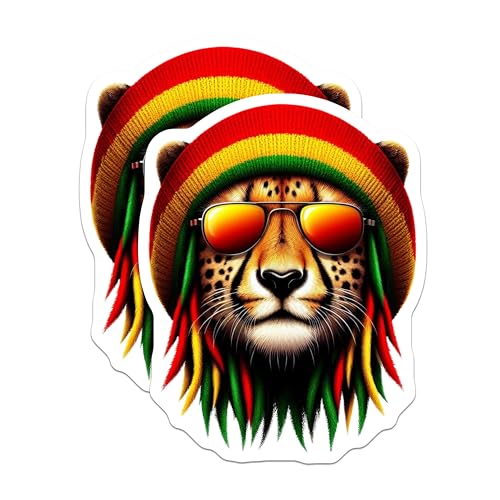 (2 Pack) Cool Lion Stickers - Rasta Lion Decal - Animal Art Sticker - 5" On Longest Side - Sticks to Smooth Flat Surfaces - Made in USA - BMCS4387