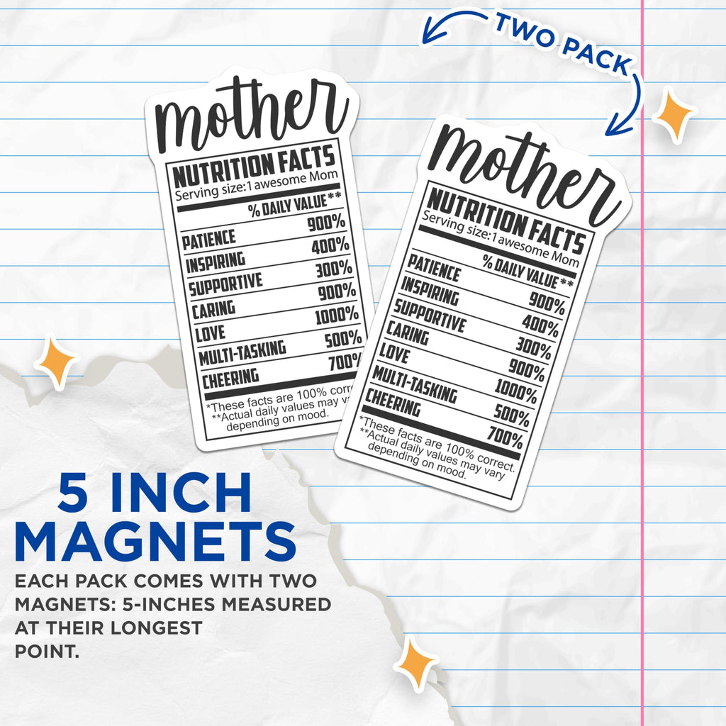 (2 Pack) Mother Nutrition Facts Magnets - Awesome Mom - Fridge Decor - 5" On Longest Side - Premium Magnet - for Cars, Refrigerators, Toolboxes, Lockers - Made in USA - MAG14457