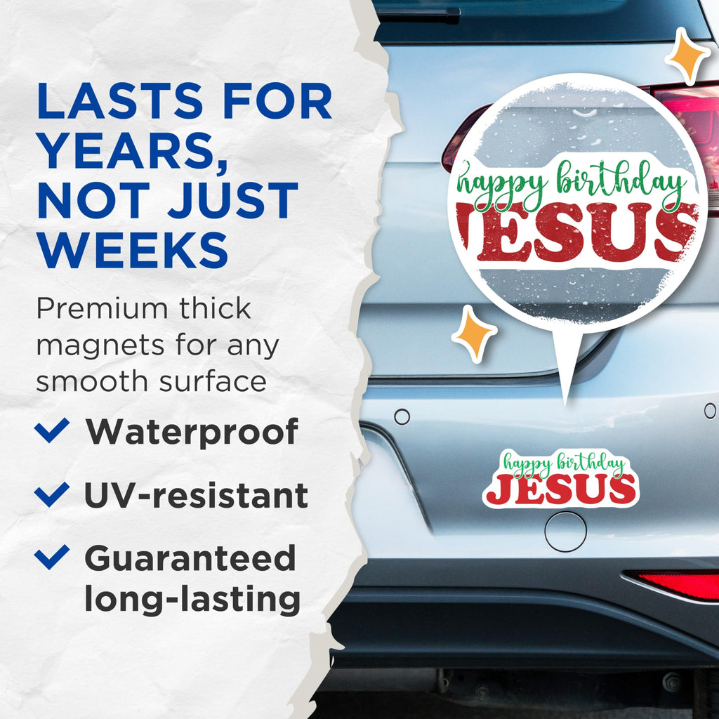 (2 Pack) Happy Birthday Jesus Magnets - Christian Christmas Decor - Faith Based Holiday Celebrations - 5 Inches On Longest Side - Thick Durable Magnet - Made in USA - MAG28939