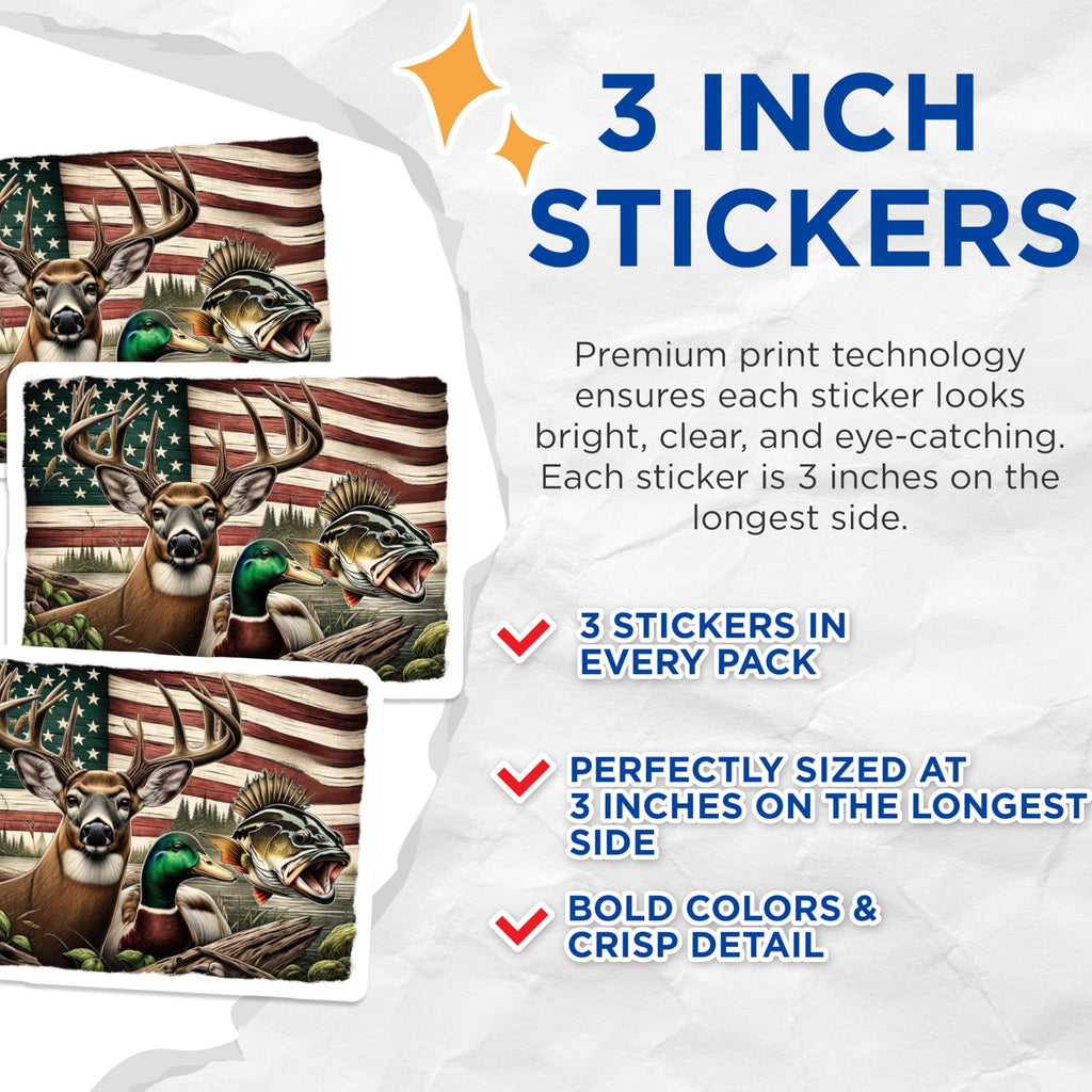 (3 Pack) American Wildlife Decals - Deer Duck Bass - Patriotic Hunting Decals - 3 Inches On Longest Side - Easy Peel & Apply - Made in USA - 3MCS4784