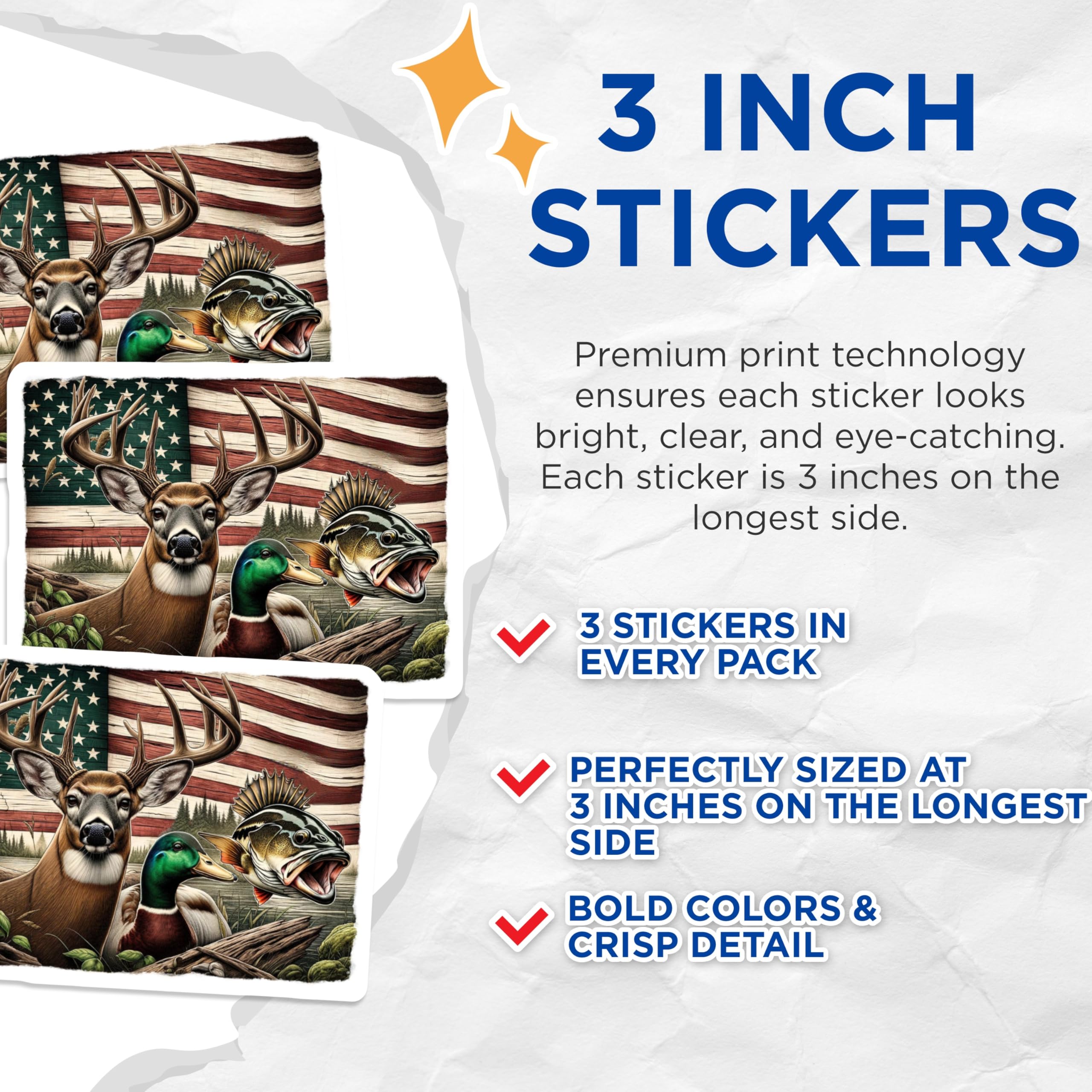 (3 Pack) American Wildlife Decals - Deer Duck Bass - Patriotic Hunting Decals - 3 Inches On Longest Side - Easy Peel & Apply - Made in USA - 3MCS4784