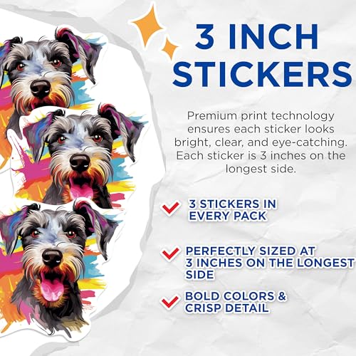 (3 Pack) Schnauzer Dog Decals - Colorful Pet Decals - Modern Art Stickers - 3 Inches On Longest Side - Easy Peel & Apply - Made in USA - 3MCS0777