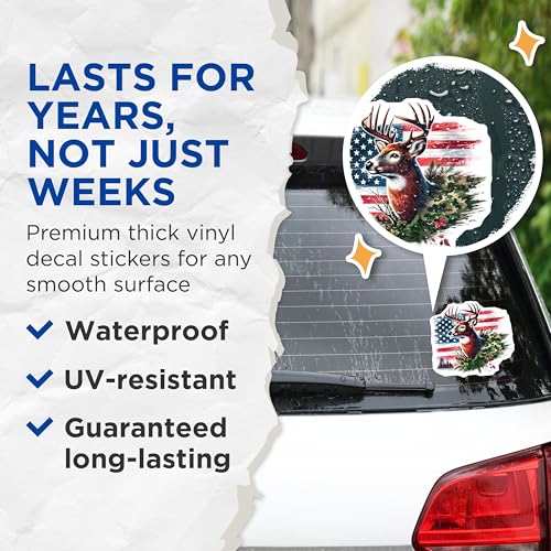 (2 Pack) Deer Head Stickers - American Flag Background - Camouflage Wildlife Art - 5" On Longest Side - Sticks to Smooth Flat Surfaces - Made in USA - BMCS9830