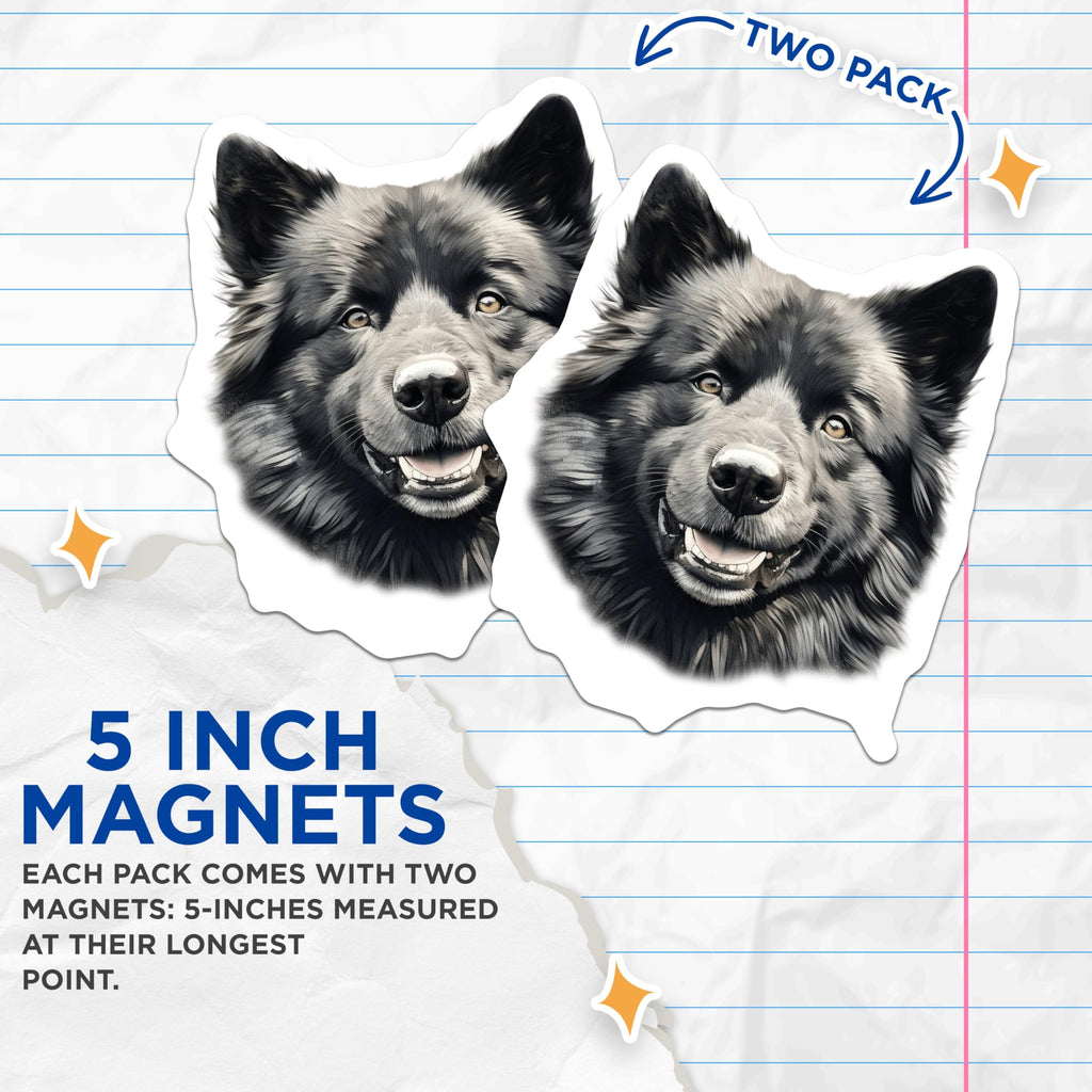 (2 Pack) Black Fluffy Dog Magnets - Smiling Dog Portrait - Pet Lover Fridge Decor - 5 Inches On Longest Side - Thick Durable Magnet - Made in USA - MAG30202