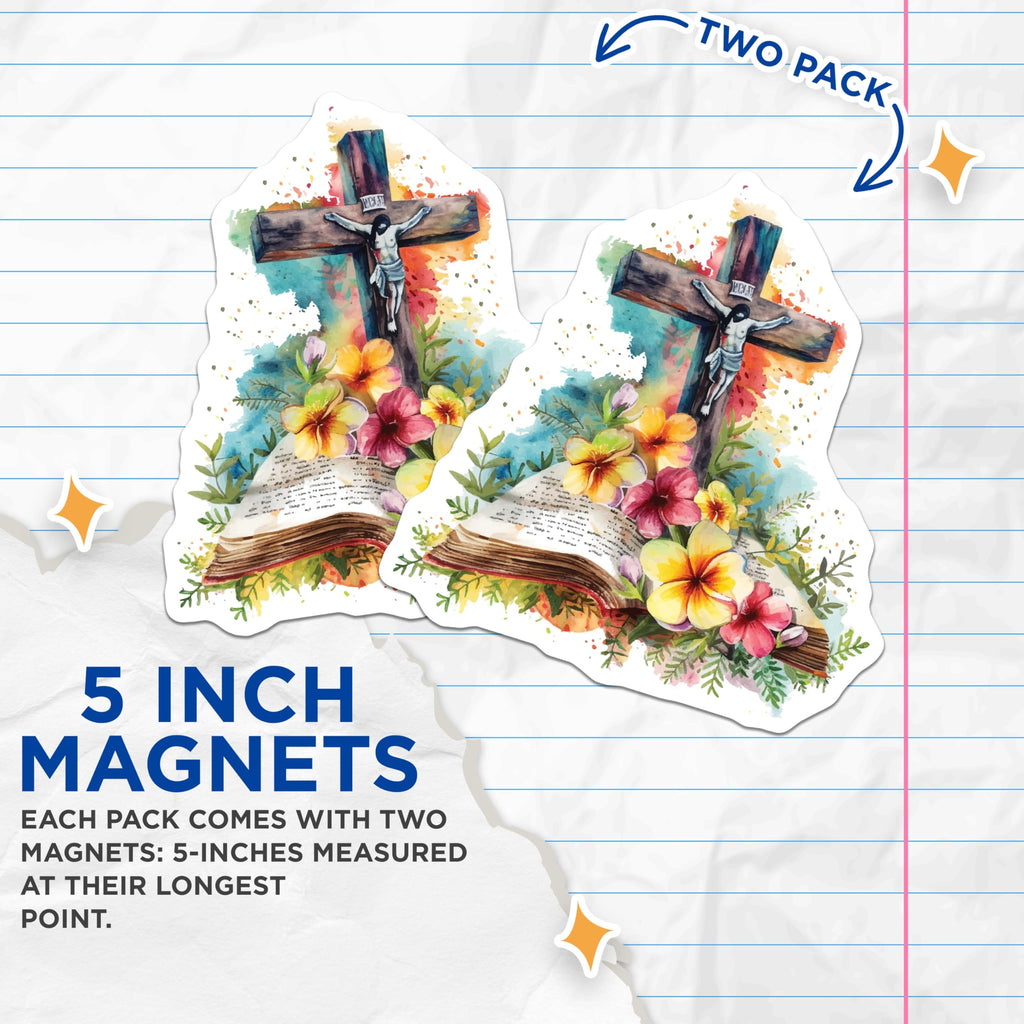 (2 Pack) Jesus Cross Magnets - Watercolor Crucifixion Art - Christian Faith Decor - Spiritual Religious Symbol Magnets - 5 Inches On Longest Side - Thick Durable Magnet - Made in USA - MAG19615