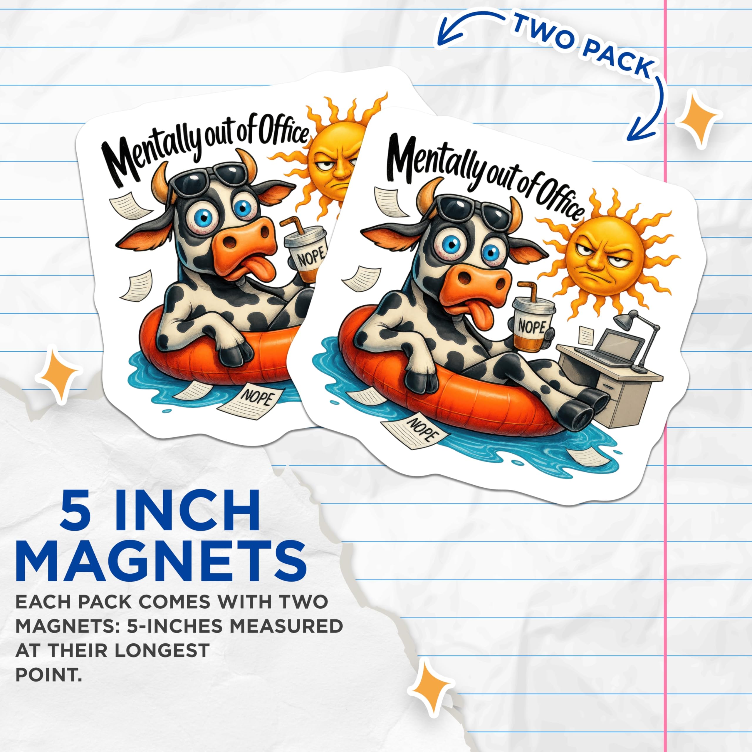 (2 Pack) Mentally Out of Office Magnets - Funny Cow Humor - Vacation Mode Office Decor - 5 Inches On Longest Side - Thick Durable Magnet - Made in USA - MAG23214
