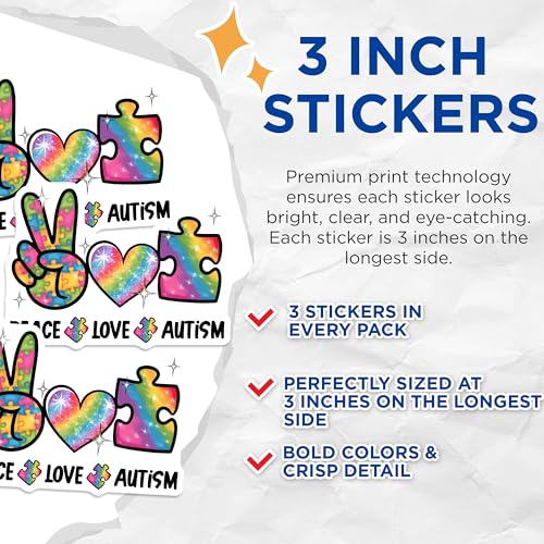 (3 Pack) Autism Awareness Decals - Peace Love Autism - Puzzle Piece Decals - 3 Inches On Longest Side - Easy Peel & Apply - Made in USA - 3MCS8462