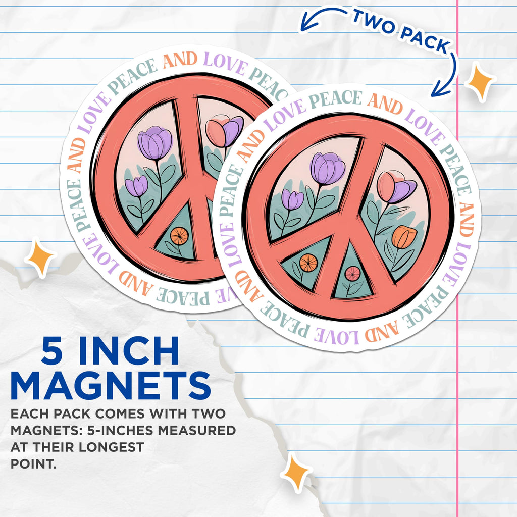 (2 Pack) Peace Sign Magnets - Love Magnets - Floral Peace Symbol - 5" On Longest Side - Premium Magnet - for Cars, Refrigerators, Toolboxes, Lockers - Made in USA - MAG16238