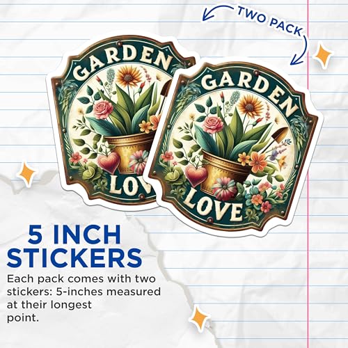 (2 Pack) Garden Love Stickers - Floral Art - Botanical Decoration - Bright Flower Design - Garden Enthusiast Sticker Pack - 5" On Longest Side - Sticks to Smooth Flat Surfaces - Made in USA - BMCS6970