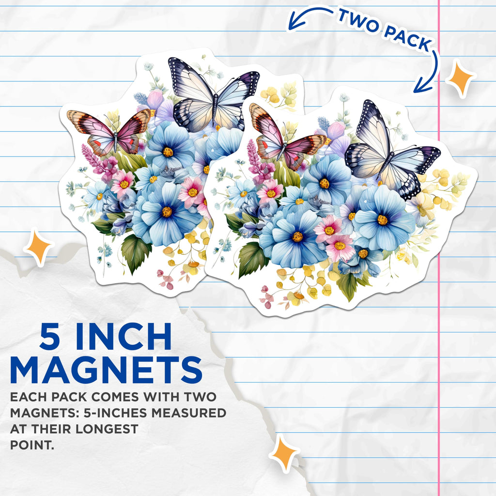 (2 Pack) Butterfly Floral Magnets - Fridge Magnets - Decorative Magnets - 5" On Longest Side - Premium Magnet - for Cars, Refrigerators, Toolboxes, Lockers - Made in USA - MAG15862