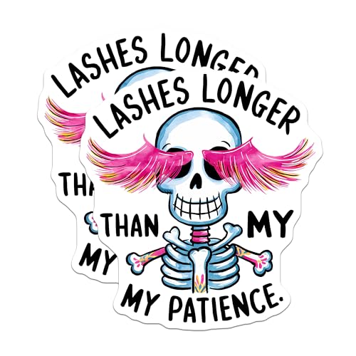(2 Pack) Funny Skeleton Stickers - Lashes Longer Than My Patience - Quirky Decals for Laptop and Water Bottle - 5" On Longest Side - Sticks to Smooth Flat Surfaces - Made in USA - BMCS3792