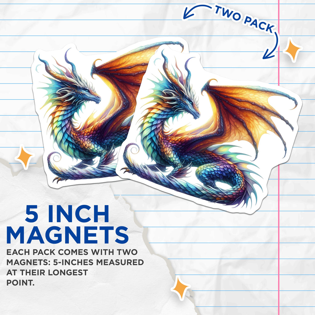 (2 Pack) Rainbow Dragon Magnets - Fantasy Art Decor - Mythical Creature Display - Vibrant Fridge Locker Magnets - 5 Inches On Longest Side - Thick Durable Magnet - Made in USA - MAG36020