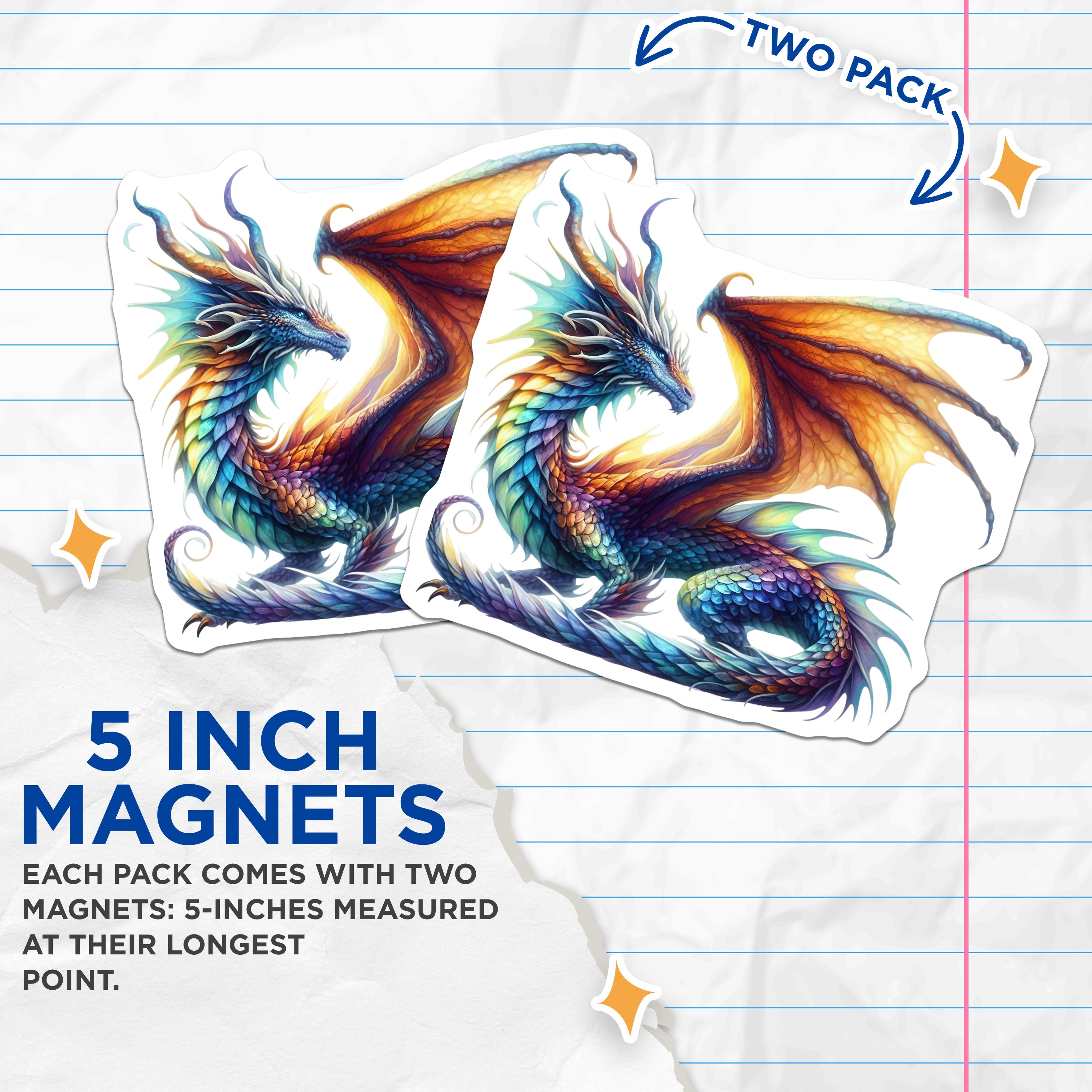 (2 Pack) Rainbow Dragon Magnets - Fantasy Art Decor - Mythical Creature Display - Vibrant Fridge Locker Magnets - 5 Inches On Longest Side - Thick Durable Magnet - Made in USA - MAG36020