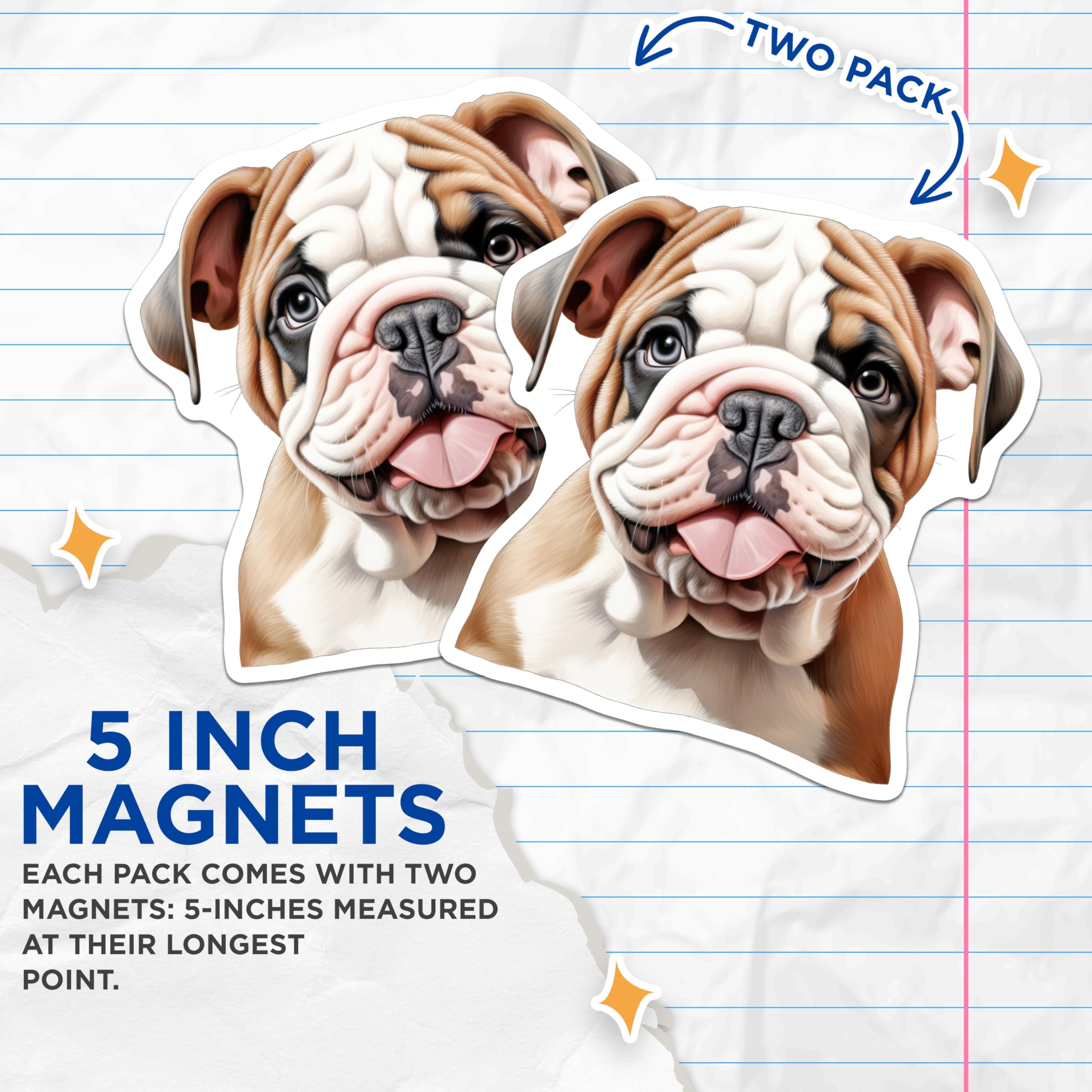 (2 Pack) Adorable Bulldog Magnets - Cute Puppy Dog Decor - Pet Lover Refrigerator Accent - 5 Inches On Longest Side - Thick Durable Magnet - Made in USA - MAG25866