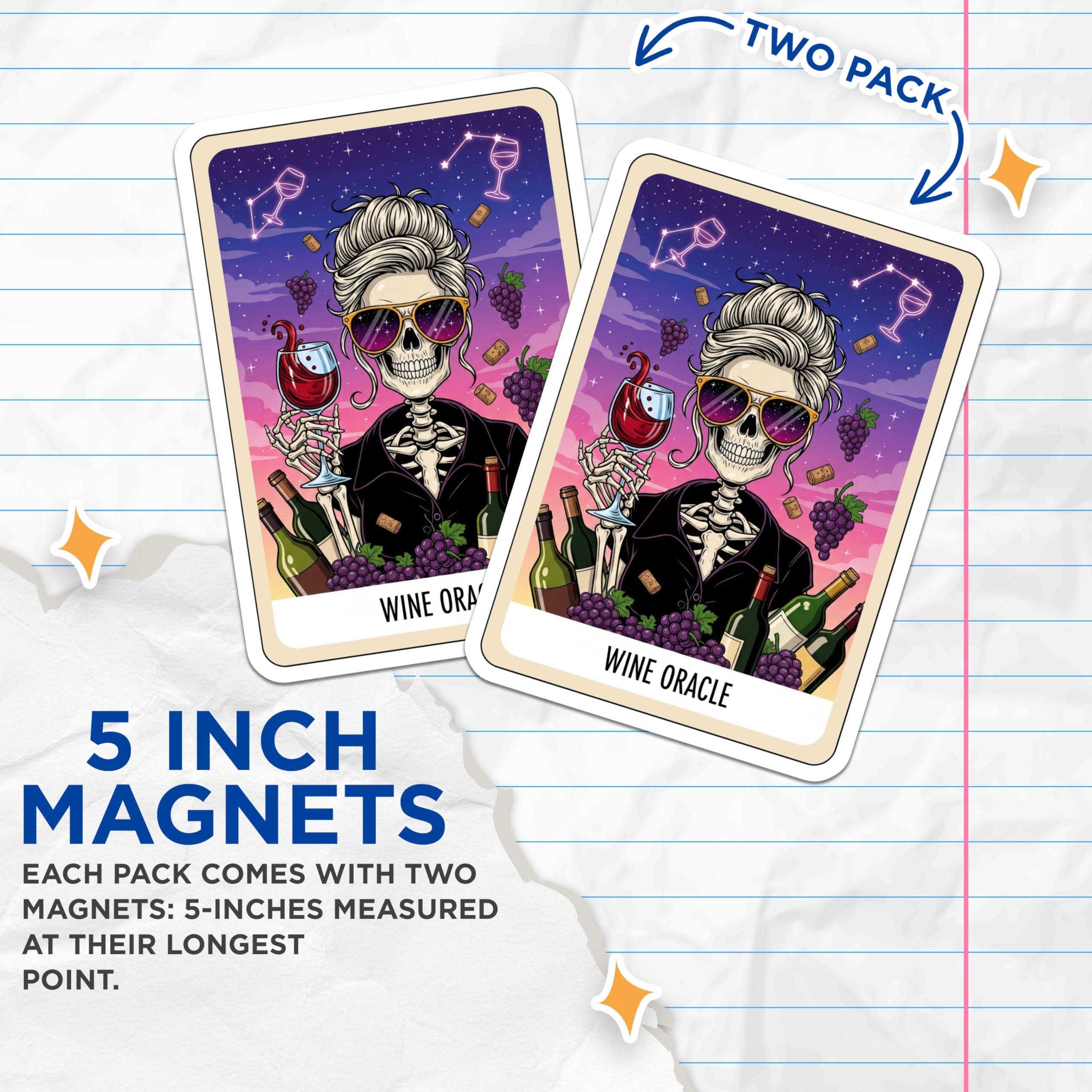 (2 Pack) Wine Oracle Magnets - Skeleton Sommelier Art - Grapes and Wine Decor - 5" On Longest Side - Premium Magnet - for Cars, Refrigerators, Toolboxes, Lockers - Made in USA - MAG16200
