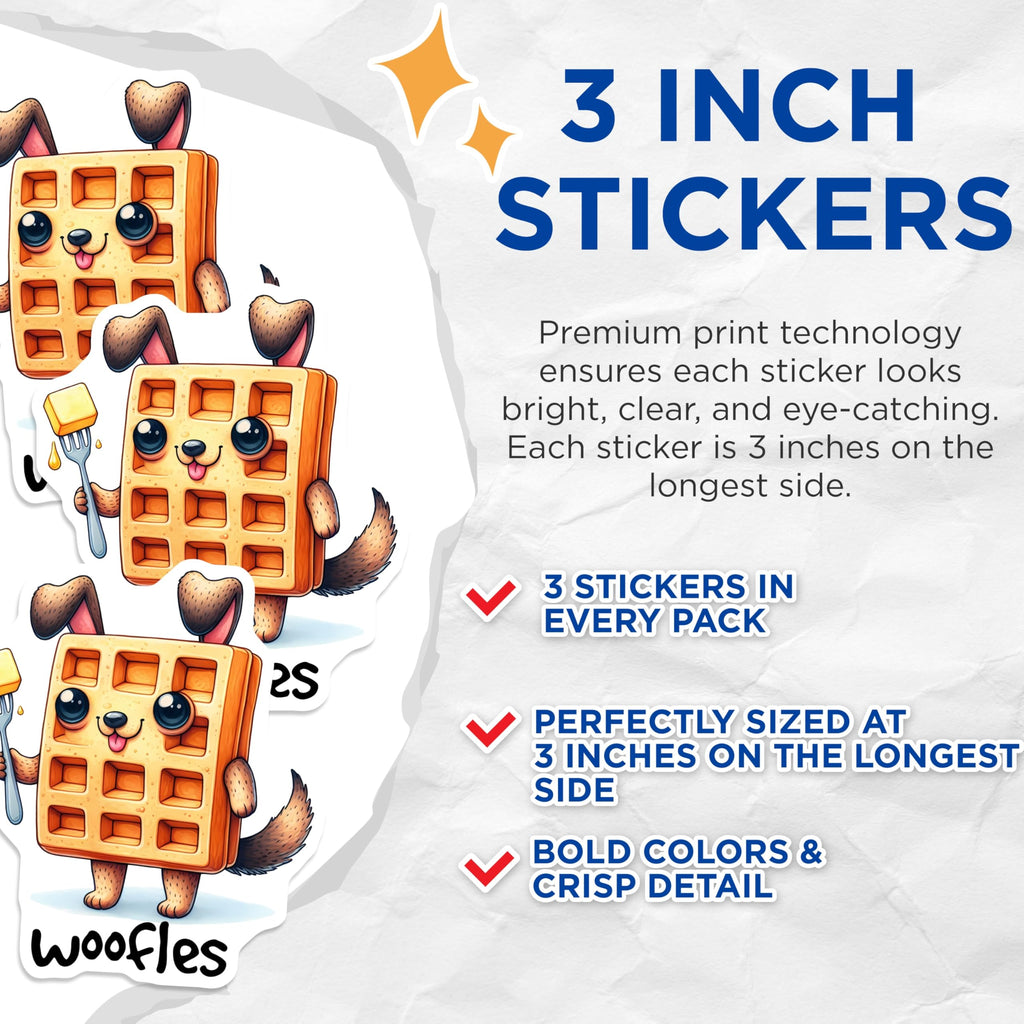 (3 Pack) Woofles Dog Waffle Decals - Cute Foodie Stickers - Funny Puppy Laptop Decal - 3 Inches On Longest Side - Easy Peel & Apply - Made in USA - 3MCS6358