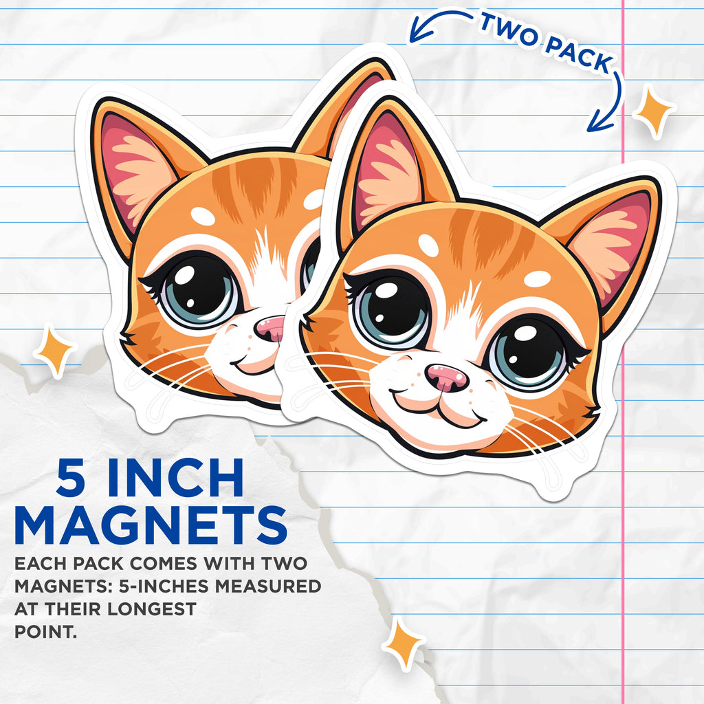 (2 Pack) Cute Orange Cat Magnets - Kawaii Kitty Fridge Magnets - Cartoon Feline Decor for Cat Lovers - 5 Inches On Longest Side - Thick Durable Magnet - Made in USA - MAG36215