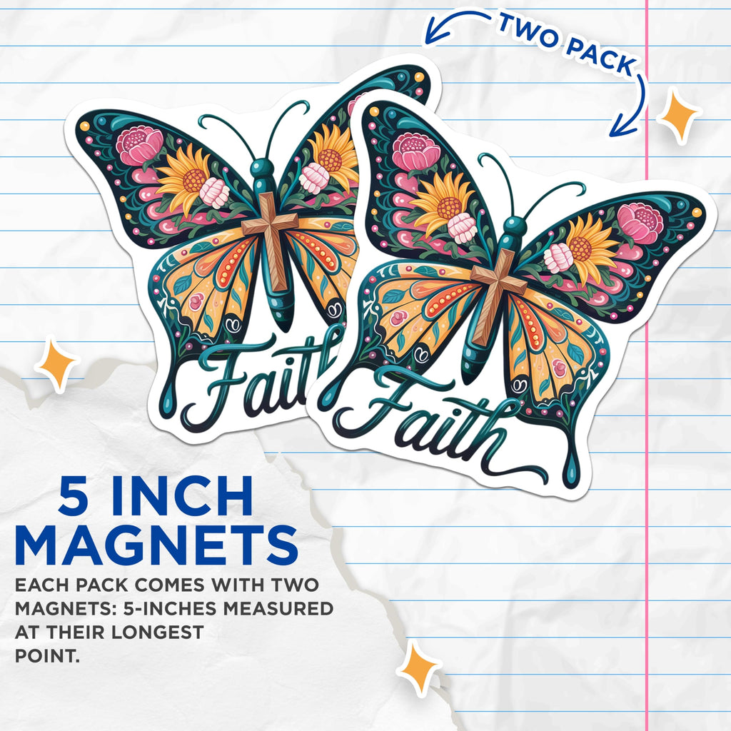 (2 Pack) Faith Butterfly Magnets - Religious Cross Art - Inspirational Floral Decor - Spiritual Home Accents - 5 Inches On Longest Side - Thick Durable Magnet - Made in USA - MAG21791