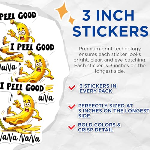 (3 Pack) Funny Banana Decals - Slipping Cartoon - I Peel Good Nana Nana Decals - 3 Inches On Longest Side - Easy Peel & Apply - Made in USA - 3MCS7544