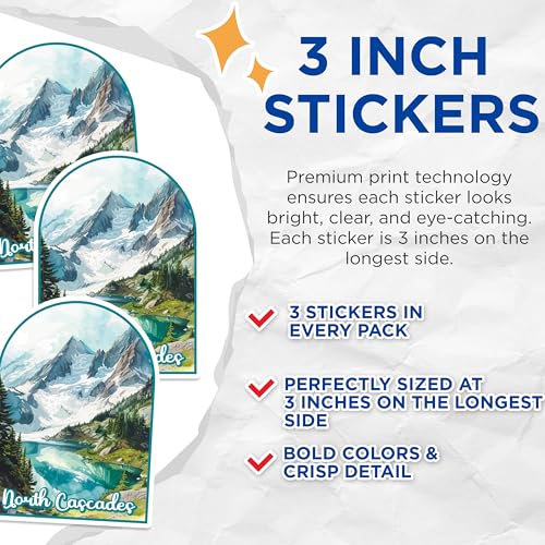 (3 Pack) North Cascades Decals - Mountain Lake Stickers - PNW Laptop Decal - 3 Inches On Longest Side - Easy Peel & Apply - Made in USA - 3MCS0419